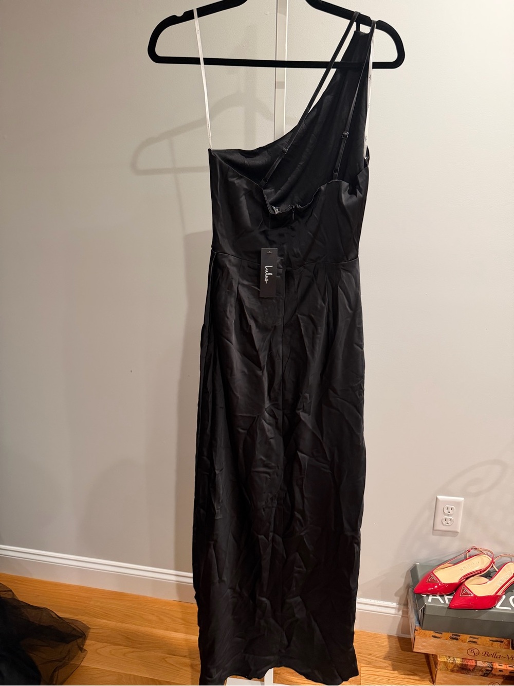 Lulu's Signature Elegance Black Satin One-Shoulder Maxi Dress 2/32 - Picture 3 of 3